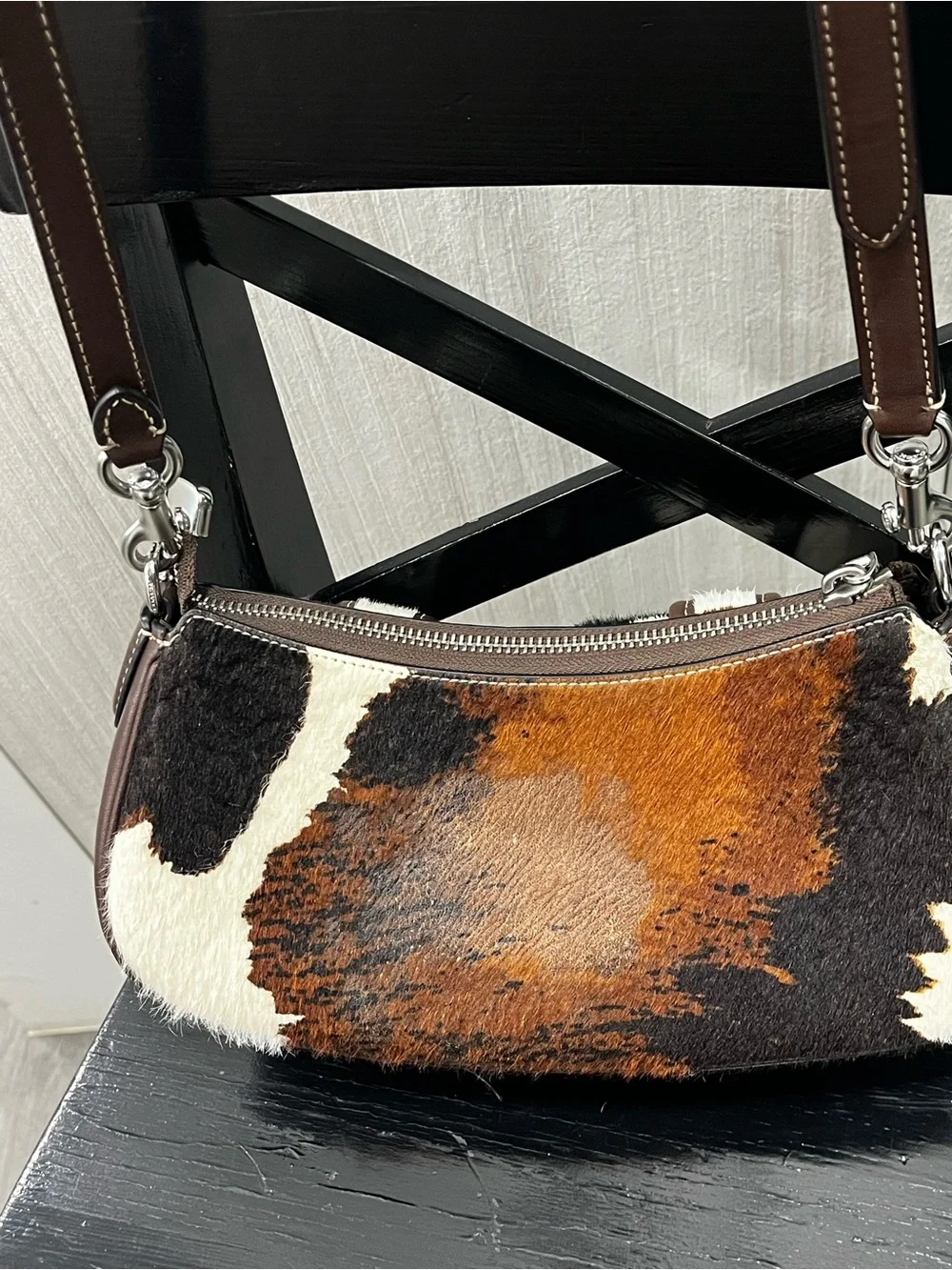 Cowhide Ashton Patch Leather Crossbody Bag in Brown and White - Picture 12 of 12